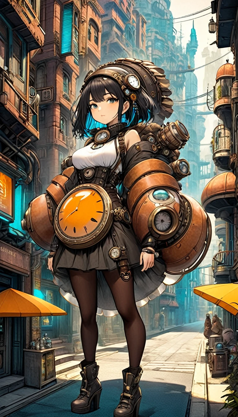 giant Cute Girl hybrid, attractive and captivating, wearing chiton, bigger than buildings, small background buildings, small drawn cyberpunk dieselpunk steampunk clockpunk city background, concept art, fantasy art, conceptual installation art, 2.5D, delicate and dynamic, magic of vibrant colors and contrasts