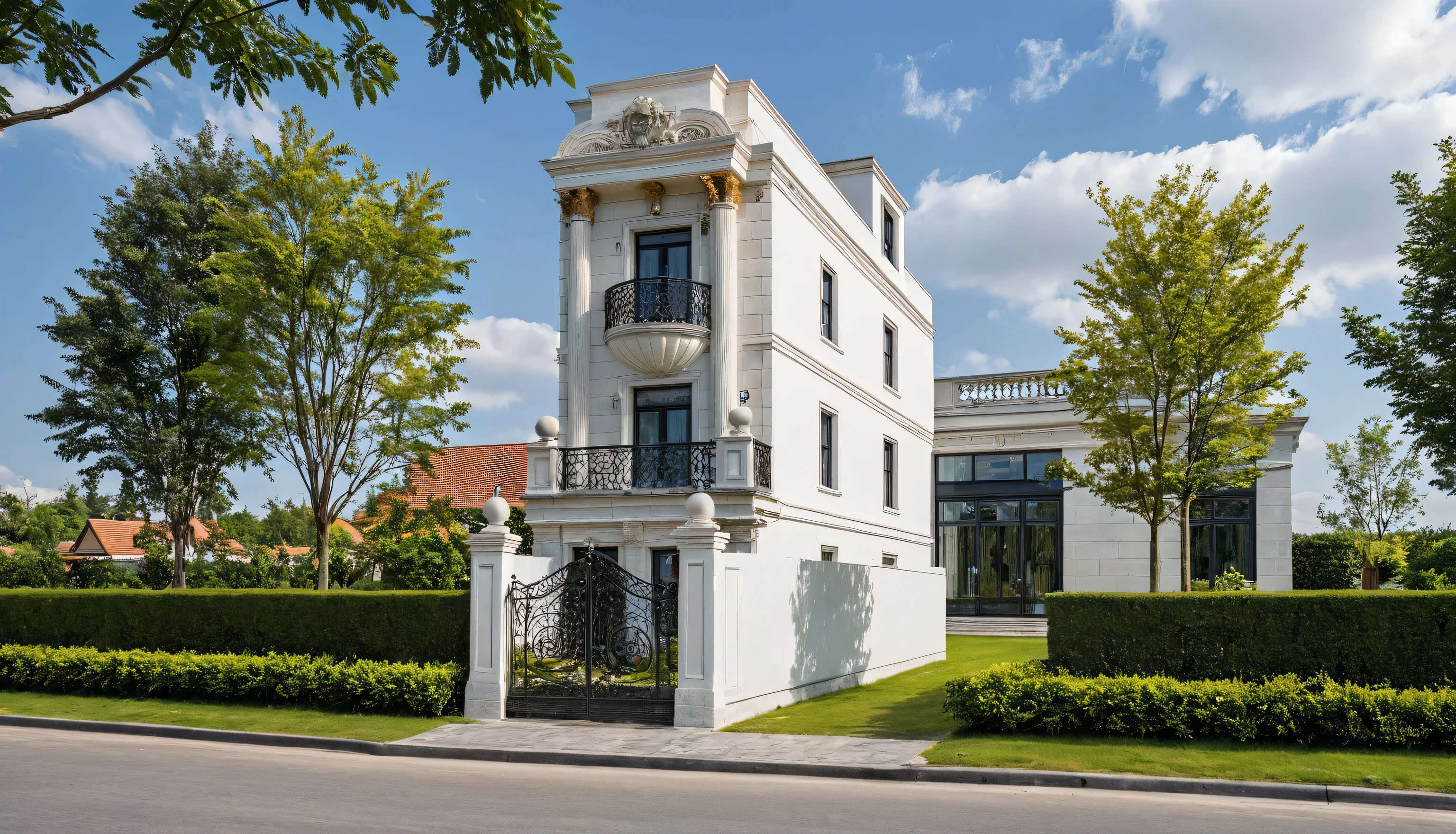 Masterpiece, high quality, best quality, authentic, super detail, outdoors, onestoreyvillaXL, aiaigroup, house style classic with mansard roof and decorative moulding, pediment, house on the street, bancony sphere shape, white wall ,road,pavement, grass, trees along the street front of the house, sky, cloud, (daylight:1.1)