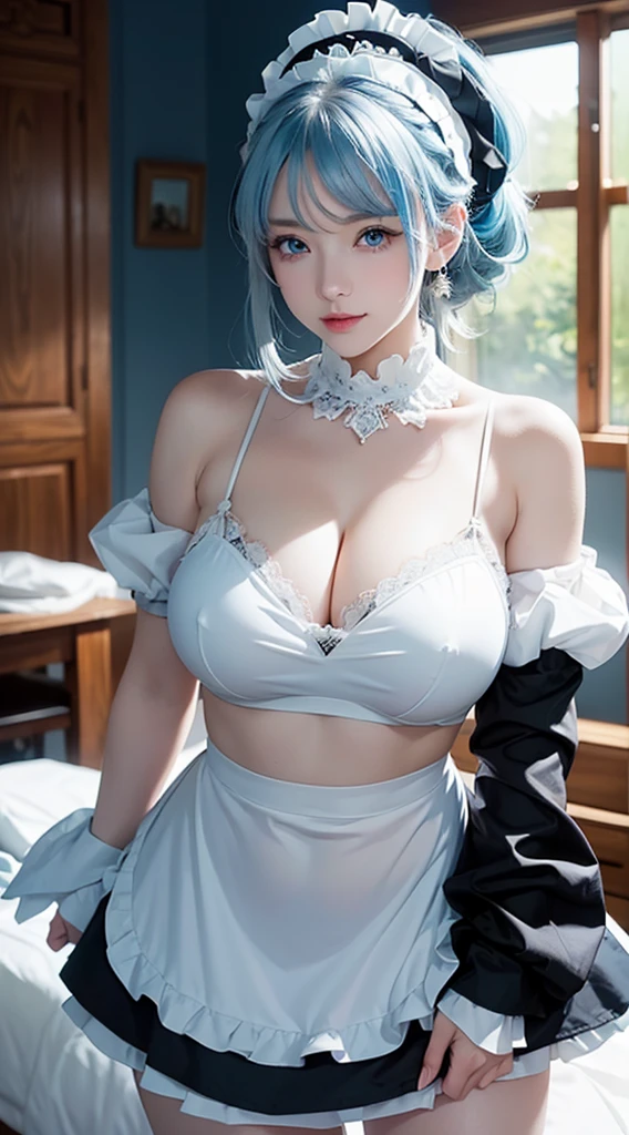 1girl, cute face,pretty face, jaw dropping beauty, cute maid dress , white hair, pony tail, blue eyes, ((ultra high detailed 1.9)),((ultra high resolution 1.9)),((ultra high quality 1.9)),(masterpiece)), (perfect lightings), (very Big breasts 1.9)), ultra huge breast, deep neckline sexy navel , black and white maid dress, black and white maid dress, sexy figure ,white hair, pony tail, blue eyes, ((light blue hair 0.1)), pussy is visible 