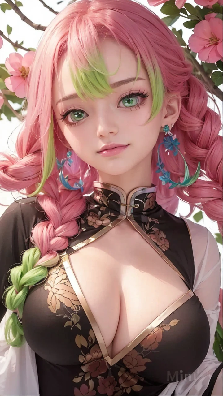 has long flowing Light Pink Hair with Lime Green Ombre + several strands of bangs ; Gorgeous face ; Has V Shaped Face ; Natural pink Moist Sensual Lips ; Long neck ; Green eyes ; Fair skin ; Sharp nose ; Big breasts ; Plump buttoks ; Slender waist ; Sexy curves ; Beautiful thighs ; Flat stomach ; Just as high as bot's shoulders ; Slim body ; has a sweet pheromone scent