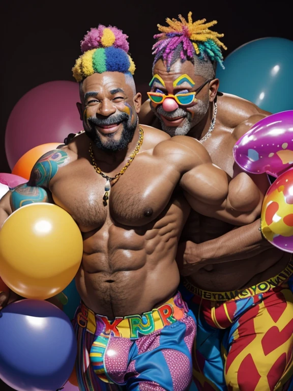 Hyperrealistic image of two elderly African American smiling superheroes clowns bodybuilders with rainbow hair hugging and very sweaty over 80 years old very muscular and fat Over 200 kilos with a bare torso large and flaccid pectorals brown nipples and big rainbow mustaches with huge arms tattooed men surrounded by many balloons dressed in colorful argyle clown pants and a huge rainbow afro wig on their head.. 