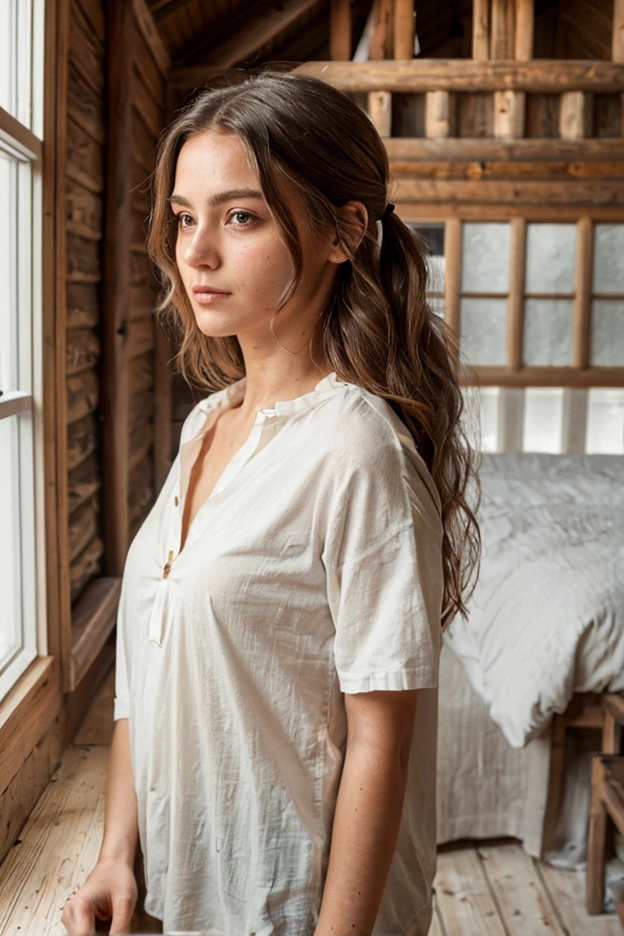 A beautiful woman with light delicately filtering through her hair, her Y-shirt, is beautiful and she's standing in front of a cottage