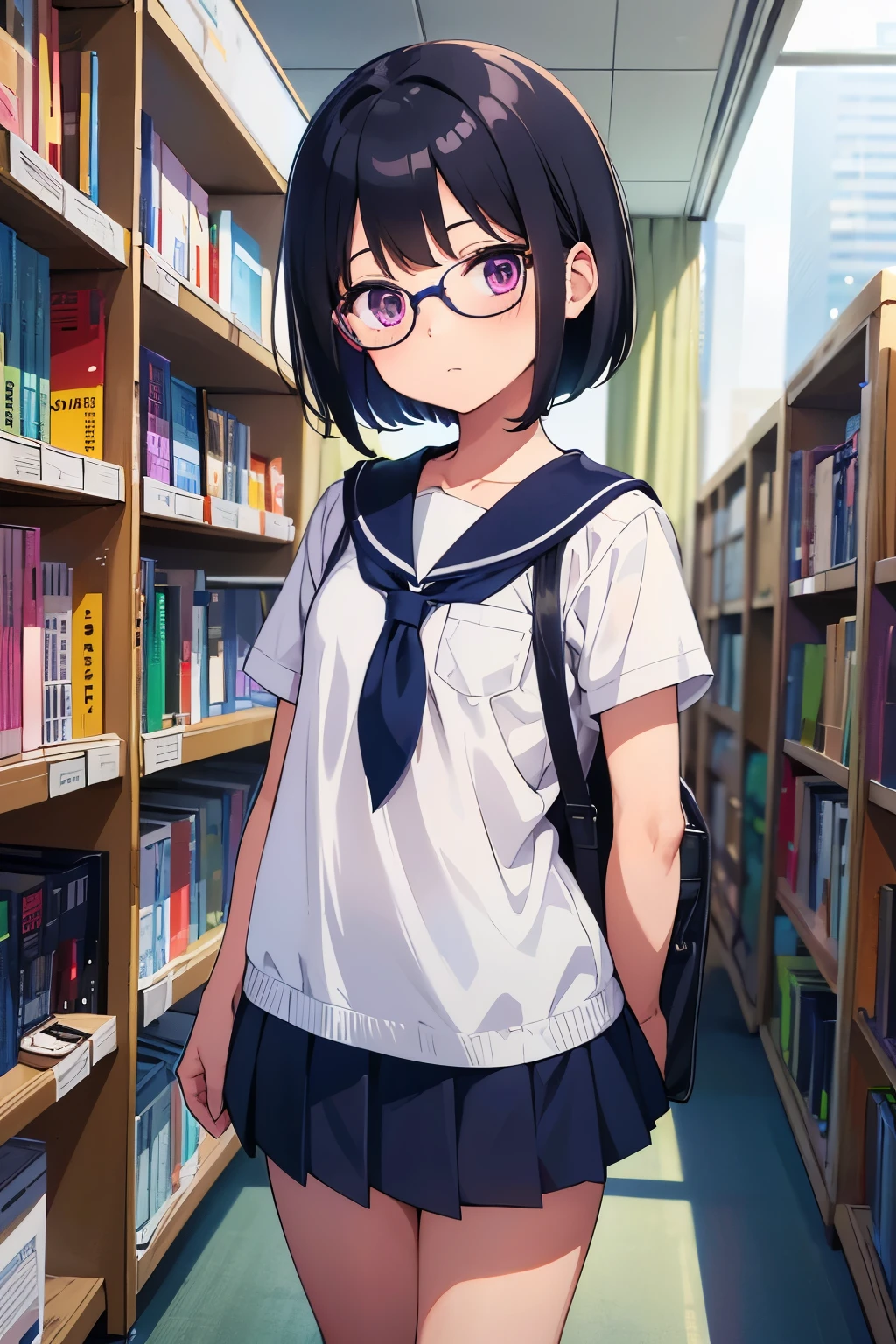 Elementary school girl, , toddler Flat chest, black hair, short bob Glasses Purple Eyes (One person) White upper body, short-sleeved sailor uniform Navy blue mini skirt White panties ((I can see her panties)) White socks sneakers School Library Standing in front of a bookshelf Dynamic Angle Low - Angle