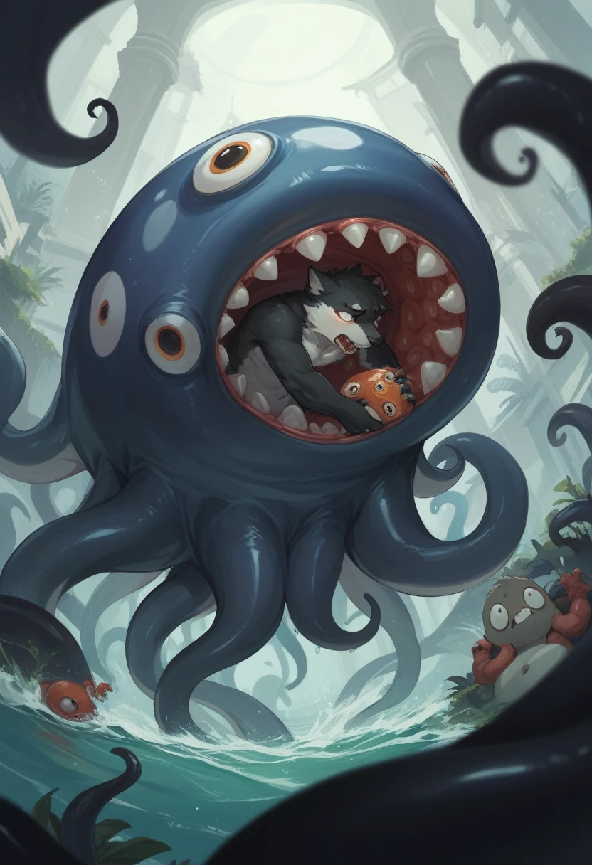 Furry、Caught by a giant octopus(Killer Whale Boy)、surfer、Black Tentacles、Rough seas、clear