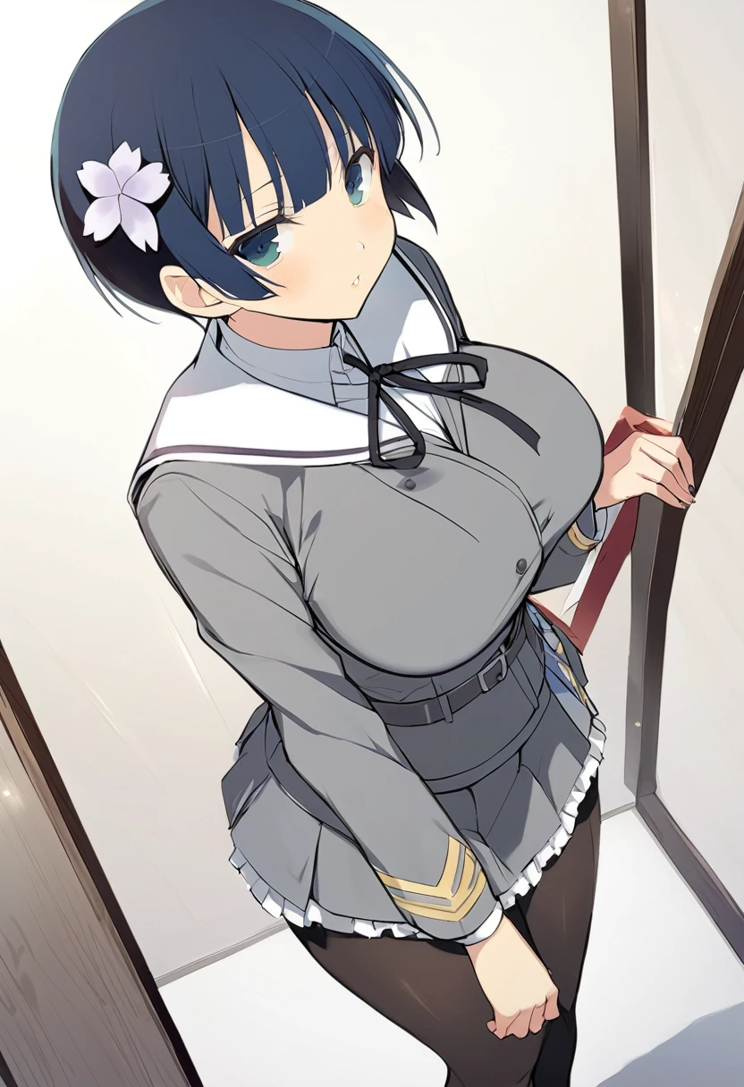 masterpiece, best quality, 
yozakura (senran kagura), 1girl, solo, short hair, blue hair, blue eyes, large breasts, hair ornament, hair flower, 
flower, emblem, 
white background, looking at viewer, 

Yozakura_School, , white sailor collar, grey jacket, black buttons, grey skirt, skirt frills, neck ribbon, grey belt, black pantyhose, grey loafers, 