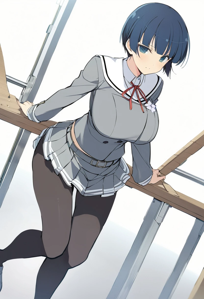 masterpiece, best quality, 
yozakura (senran kagura), 1girl, solo, short hair, blue hair, blue eyes, large breasts, hair ornament, hair flower, 
flower, emblem, 
white background, looking at viewer, 

Yozakura_School, , white sailor collar, grey jacket, black buttons, grey skirt, skirt frills, neck ribbon, grey belt, black pantyhose, grey loafers, 