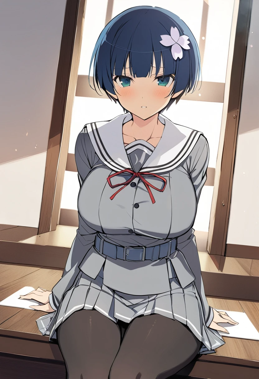 masterpiece, best quality, 
yozakura (senran kagura), 1girl, solo, short hair, blue hair, blue eyes, large breasts, hair ornament, hair flower, 
flower, emblem, 
white background, looking at viewer, 

Yozakura_School, , white sailor collar, grey jacket, black buttons, grey skirt, skirt frills, neck ribbon, grey belt, black pantyhose, grey loafers, 