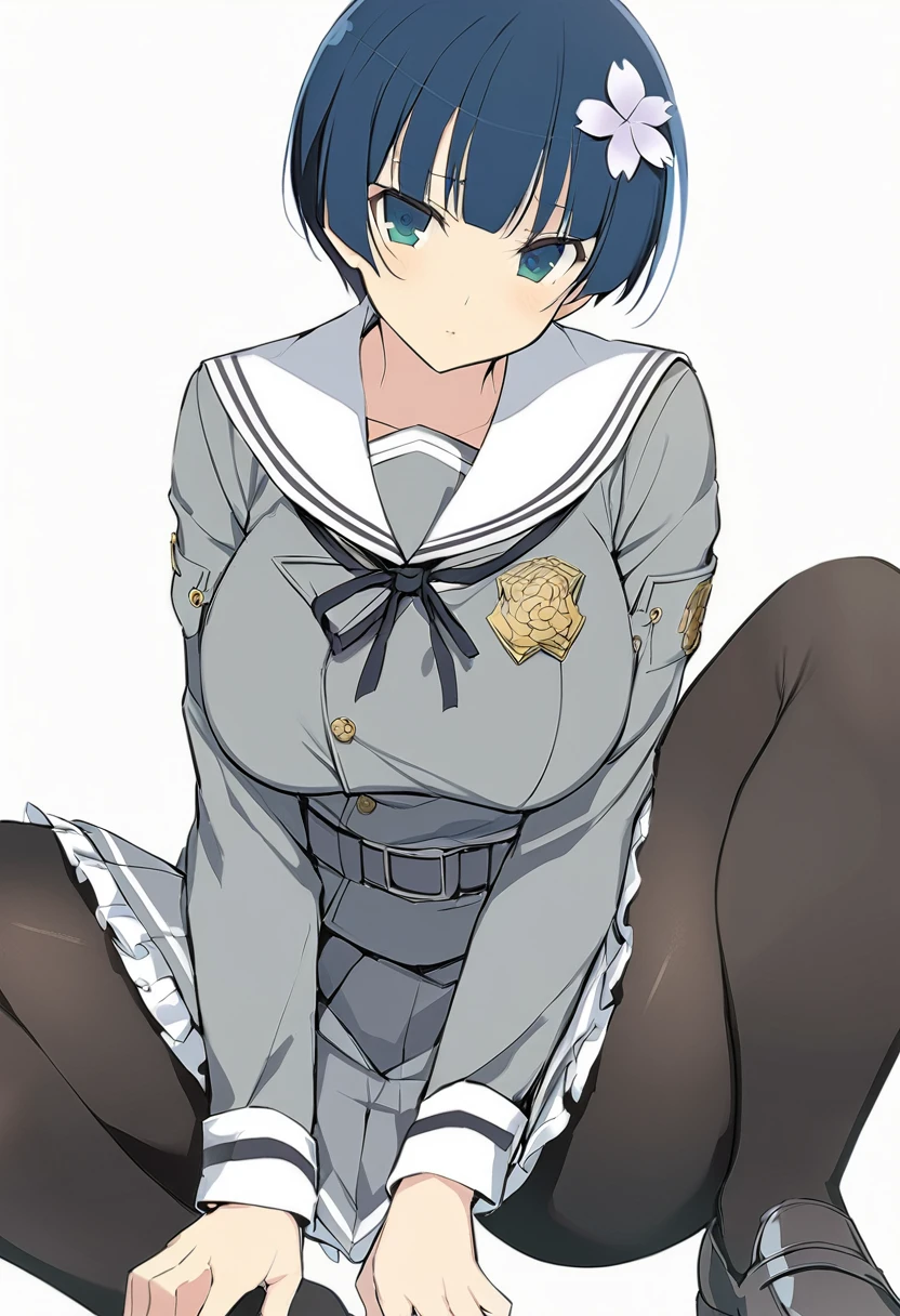 masterpiece, best quality, 
yozakura (senran kagura), 1girl, solo, short hair, blue hair, blue eyes, large breasts, hair ornament, hair flower, 
flower, emblem, 
white background, looking at viewer, 

Yozakura_School, , white sailor collar, grey jacket, black buttons, grey skirt, skirt frills, neck ribbon, grey belt, black pantyhose, grey loafers, 