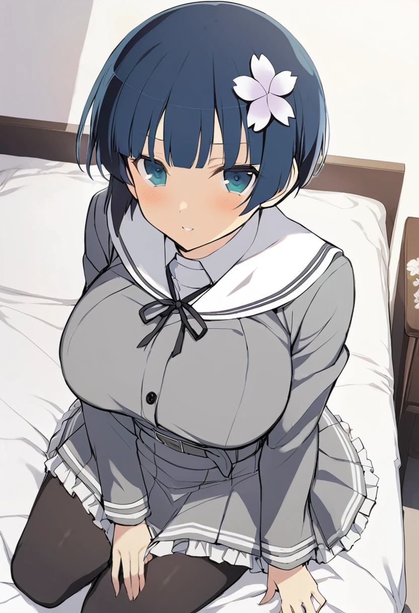 masterpiece, best quality, 
yozakura (senran kagura), 1girl, solo, short hair, blue hair, blue eyes, large breasts, hair ornament, hair flower, 
flower, emblem, 
white background, looking at viewer, 

Yozakura_School, , white sailor collar, grey jacket, black buttons, grey skirt, skirt frills, neck ribbon, grey belt, black pantyhose, grey loafers, 