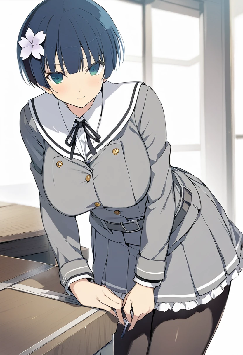 masterpiece, best quality,
yozakura (senran kagura), 1girl, solo, short hair, blue hair, blue eyes, large breasts, hair ornament, hair flower,
flower, emblem,
white background, looking at viewer,
Yozakura_School, , white sailor collar, grey jacket, black buttons, grey skirt, skirt frills, neck ribbon, grey belt, black pantyhose, grey loafers,