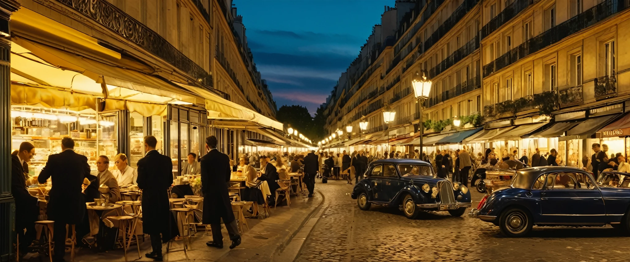 Cityscape, street cafeteria in Paris, night market, road lamps, cars, bookstore, long shot, wide view, sunset, vehicles, Vintage cars and elegantly dressed pedestrians add to the atmosphere of sophistication and glamour