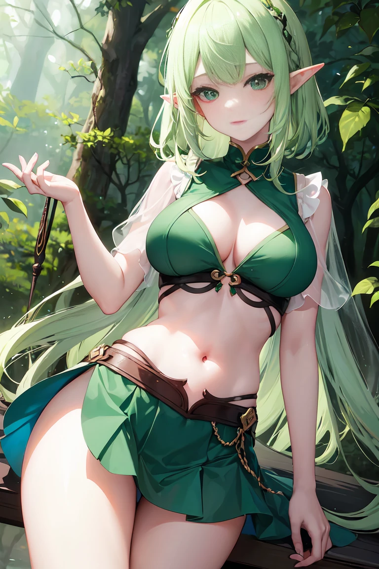 (masterpiece), best quality, expressive eyes, perfect face,elf princess,((O-ring bikini)),(huge breasts 1.5),(thigh gap 1.5),beach,high heels,(green hair),wavy hair,cleavage,looking at viewer,smiles,necklace,bracelets, bangles, eyeshadows, eye liner,glistening eyes, hyper detailed eyes, intricate eyes, beautiful eye, ((glowing green pupils))、smilling face,(bare legs),pointy ears,standing,seductive pose