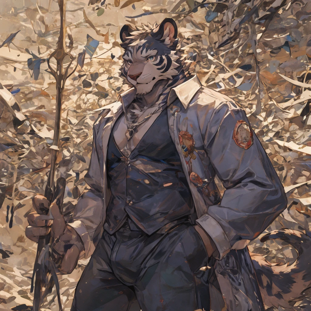 {{bara extremely handsome white tiger,}} {{white fur,}} white, wearing elegant ornate suit jacket, trousers, white dress shirt and necktie, white fluffy furry body and limbs, loafers, very tall, very broad shoulders, narrow waist, muscular arms, massive pecs, purple eyes, very long legs, massive bulge, sophisticated hot look, 3/4 view, best quality, high detail, CG image, character splash art, silver earring on left ear, sultry smirk