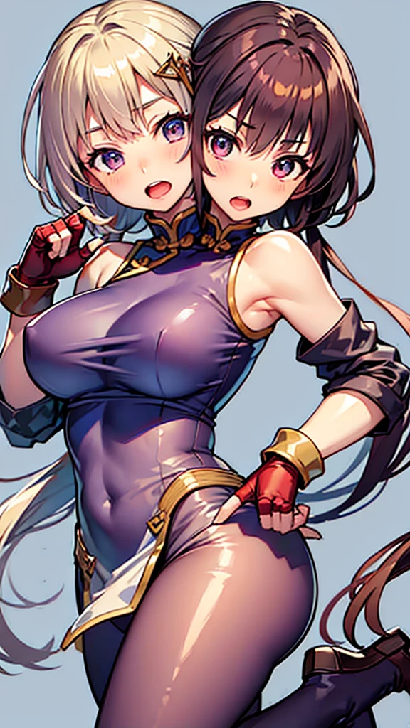 (masterpiece, best quality), best resolution, 16k, BREAK close-up, BREAK, (2heads:1.5), (cheek-to-cheek), 1girl, solo, BREAK athenams, hairband, chinese clothes, dress, gloves, hair ornament ,bare shoulders, BREAK yurims, headband, dougi, spandex, gloves, fingerless gloves, leggings, BREAK ((eyes up looking sideways:1.3)), BREAK scared, frustrating, open mouth, BREAK simple background