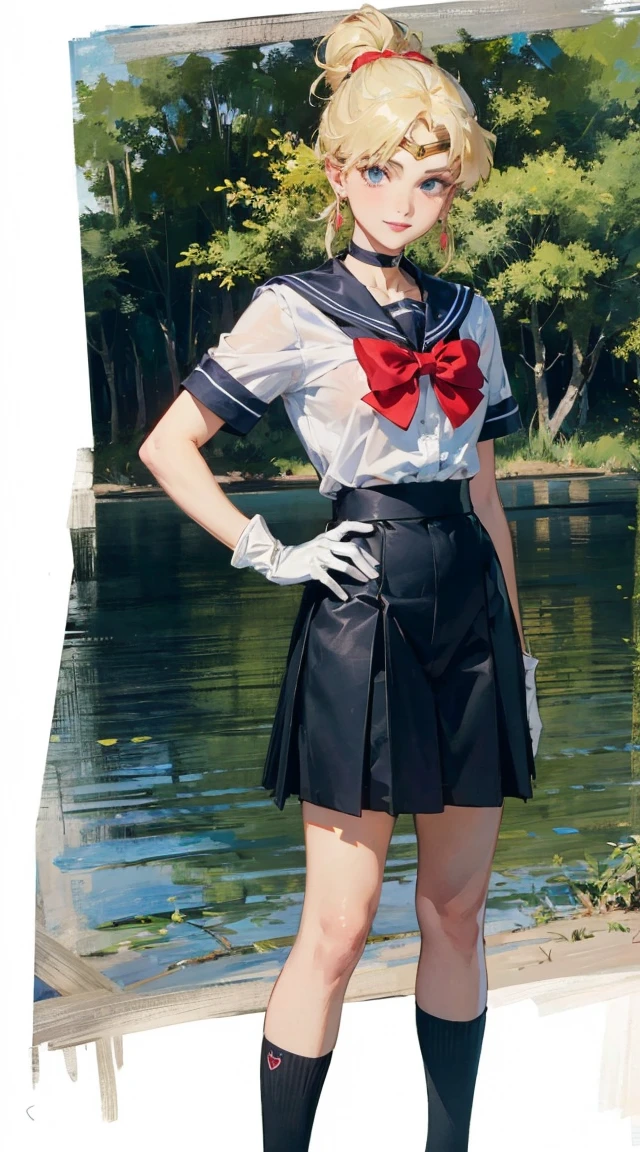 best quality, (masterpiece:1.2), highly detailed, standing, outdoors, building, school, FEMALE hand on hips 1girl, solo, standing, looking at the viewer, smile, sign to viewer brown hair, ponytail, brown eyes, scrunchie, (sailor senshi uniform), circlet, jewelry, earrings, choker, red bow, white gloves, elbow gloves, blue skirt ((masterpiece)), (best quality), official art, extremely detailed CG, 
1girl, sailor moon, blue eyes, blonde hair, long hair, hair bun, jewelry, sailor senshi uniform, blue sailor collar, red choker, twintails, red bow, blue skirt, holding binoculars, outdoors, forest,  Realistic portrait of the protagonist of the anime Sailor Moon　(Super detailed,ultra high resolution,detailed background),((2D)),((flat color)),((colorful)),((floating colorful water)),1 girl,alone,looking at the viewer,break　girl, sweat, steam, medium breast, shy, detailed hand, shy, light smile, looking at viewer,((best quality,4k,highres,masterpiece:1.2)),((character concept art)), 1 female, teenage female, Gyaru high school girl, ((dyed brown or blonde long hair)), hair styled with lots of accessories, (tan skin colour), ultra finely detailed eyes (decorative contact lenses), fashionable, outgoing, socially active, slim body build, ((intricate detail)), super finely detailed hands, ultra finely detailed fingers(((ten fingers))), wwearing white short sleeves school shirt with bowtie, gray school skirt, knee-length school socks, and black school loafers, heavy makeup, (standing casually), (full body showcase), (show full body), (no logos on background), (no logo), ((plain background)), ((plain background)), (((empty background)))