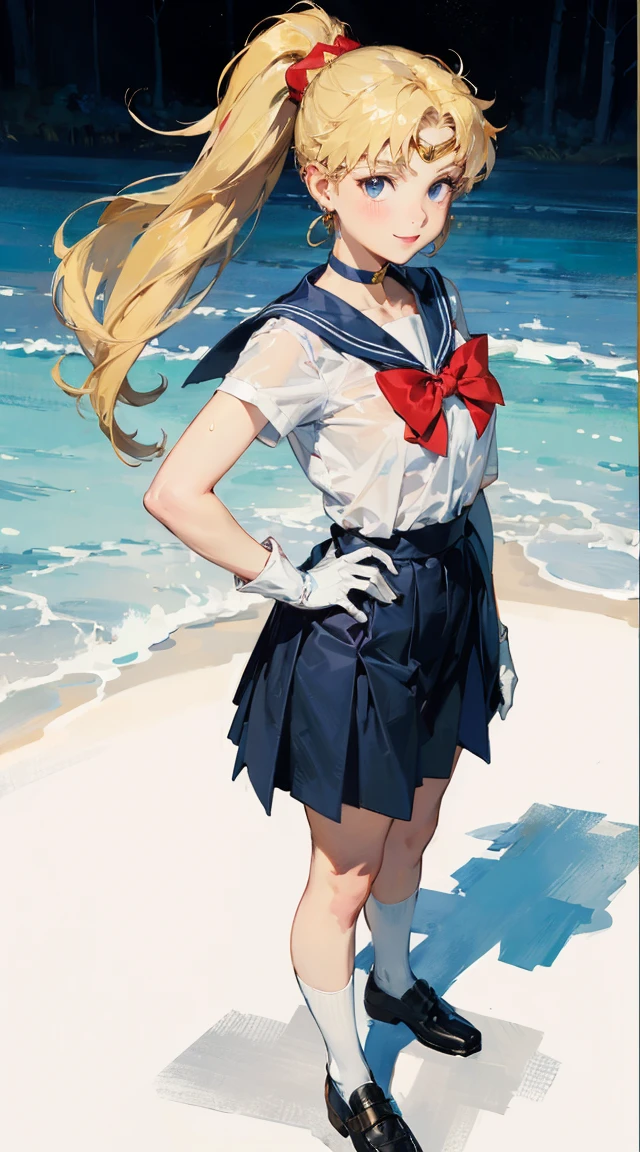 best quality, (masterpiece:1.2), highly detailed, standing, outdoors, building, school, FEMALE hand on hips 1girl, solo, standing, looking at the viewer, smile, sign to viewer brown hair, ponytail, brown eyes, scrunchie, (sailor senshi uniform), circlet, jewelry, earrings, choker, red bow, white gloves, elbow gloves, blue skirt ((masterpiece)), (best quality), official art, extremely detailed CG,
1girl, sailor moon, blue eyes, blonde hair, long hair, hair bun, jewelry, sailor senshi uniform, blue sailor collar, red choker, twintails, red bow, blue skirt, holding binoculars, outdoors, forest, Realistic portrait of the protagonist of the anime Sailor Moon (Super detailed,ultra high resolution,detailed background),((2D)),((flat color)),((colorful)),((floating colorful water)),1 girl,alone,looking at the viewer,break girl, sweat, steam, medium breast, shy, detailed hand, shy, light smile, looking at viewer,((best quality,4k,highres,masterpiece:1.2)),((character concept art)), 1 female, age female, Gyaru high school girl, ((dyed brown or blonde long hair)), hair styled with lots of accessories, (tan skin colour), ultra finely detailed eyes (decorative contact lenses), fashionable, outgoing, socially active, slim body build, ((intricate detail)), super finely detailed hands, ultra finely detailed fingers(((ten fingers))), wwearing white short sleeves school shirt with bowtie, gray school skirt, knee-length school socks, and black school loafers, heavy makeup, (standing casually), (full body showcase), (show full body), (no logos on background), (no logo), ((plain background)), ((plain background)), (((empty background)))