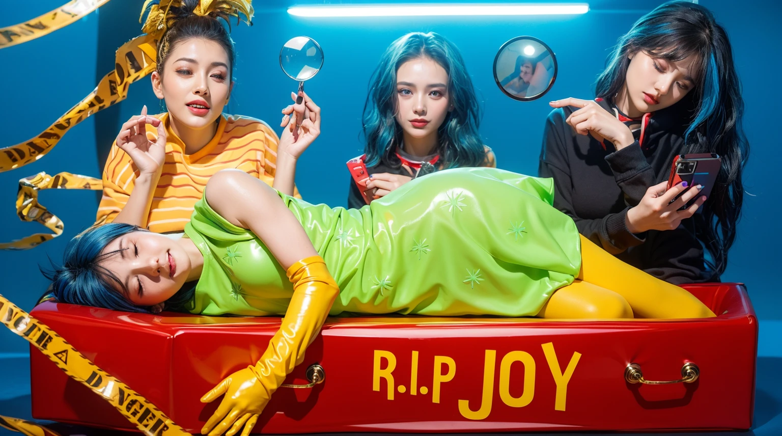This image depicts a striking and colorful scene involving four characters. At the center, a woman with vibrant blue hair lies inside a red box with the words "R.I.P JOY" written on it. She is dressed in a vivid neon green dress paired with yellow gloves, her relaxed posture and closed eyes suggesting a peaceful or theatrical repose. Surrounding her are three other individuals in dynamic poses and bright outfits, adding layers of narrative or thematic contrast. The background features bold, saturated colors that enhance the visual impact of the scene, creating a surreal and stylized atmosphere. effectively conveying a sense of joy and creativity. аffects render, (glossy plastic texture with multiple big light probe refractions), perfect cgi, smooth silhouette, high intensity refraction, (super glossy plastic material), most beautiful vfx, , realistic, 4k, high resolution, rim light, smooth 3d model, multiple light sources, rim light, sharp post effects render,, realistic, 4k, high resolution, rim light detailed digital art, reflective, best quality, 4k, masterpiece:1.2, ultra-detailed, realistic, vivid colors, The image of the highest quality, ensuring every detail showcased perfectly. It in 4k resolution, allowing viewers to immerse themselves in the richness of the colors and intricate details. The realistic rendering. under the spotlight, reflecting, high-resolution image, realistic rendering