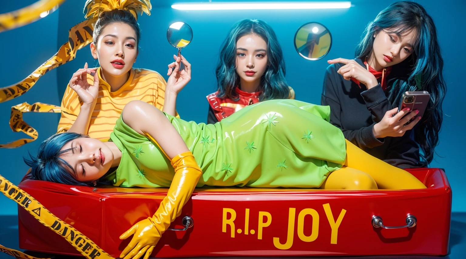 This image depicts a striking and colorful scene involving four characters. At the center, a woman with vibrant blue hair lies inside a red box with the words "R.I.P JOY" written on it. She is dressed in a vivid neon green dress paired with yellow gloves, her relaxed posture and closed eyes suggesting a peaceful or theatrical repose. Surrounding her are three other individuals in dynamic poses and bright outfits, adding layers of narrative or thematic contrast. The background features bold, saturated colors that enhance the visual impact of the scene, creating a surreal and stylized atmosphere. effectively conveying a sense of joy and creativity. аffects render, (glossy plastic texture with multiple big light probe refractions), perfect cgi, smooth silhouette, high intensity refraction, (super glossy plastic material), most beautiful vfx, , realistic, 4k, high resolution, rim light, smooth 3d model, multiple light sources, rim light, sharp post effects render,, realistic, 4k, high resolution, rim light detailed digital art, reflective, best quality, 4k, masterpiece:1.2, ultra-detailed, realistic, vivid colors, The image of the highest quality, ensuring every detail showcased perfectly. It in 4k resolution, allowing viewers to immerse themselves in the richness of the colors and intricate details. The realistic rendering. under the spotlight, reflecting, high-resolution image, realistic rendering
