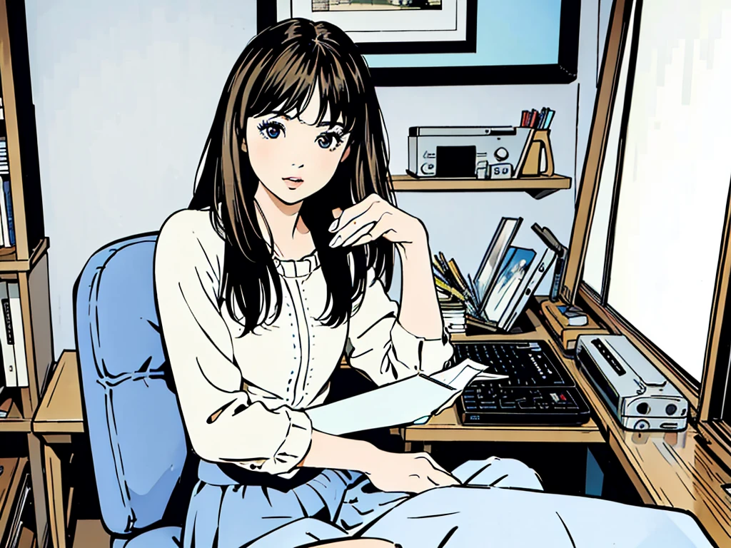 A beautiful woman sitting at a computer, long hair, white blouse, blue skirt, trading, 1girl, office, (best quality,4k,8k,highres,masterpiece:1.2),ultra-detailed,(realistic,photorealistic,photo-realistic:1.37),intricate details,delicate facial features,elegant pose,soft lighting,warm color tones,cinematic atmosphere,professional digital art