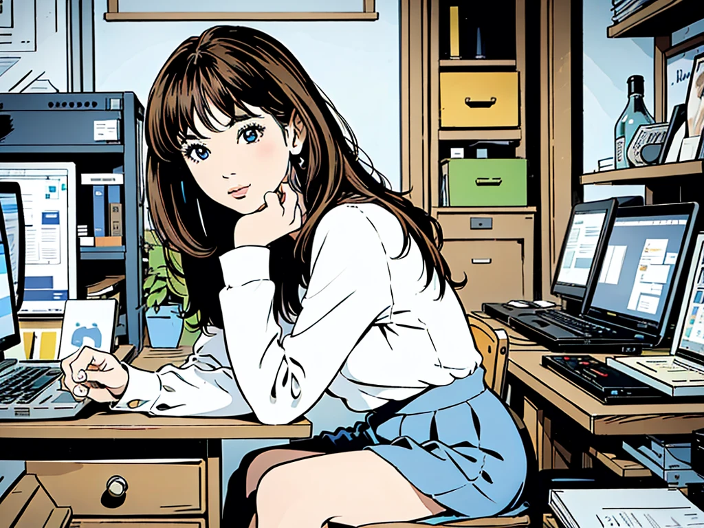 A beautiful woman sitting at a computer, long hair, white blouse, blue skirt, trading, 1girl, office, (best quality,4k,8k,highres,masterpiece:1.2),ultra-detailed,(realistic,photorealistic,photo-realistic:1.37),intricate details,delicate facial features,elegant pose,soft lighting,warm color tones,cinematic atmosphere,professional digital art