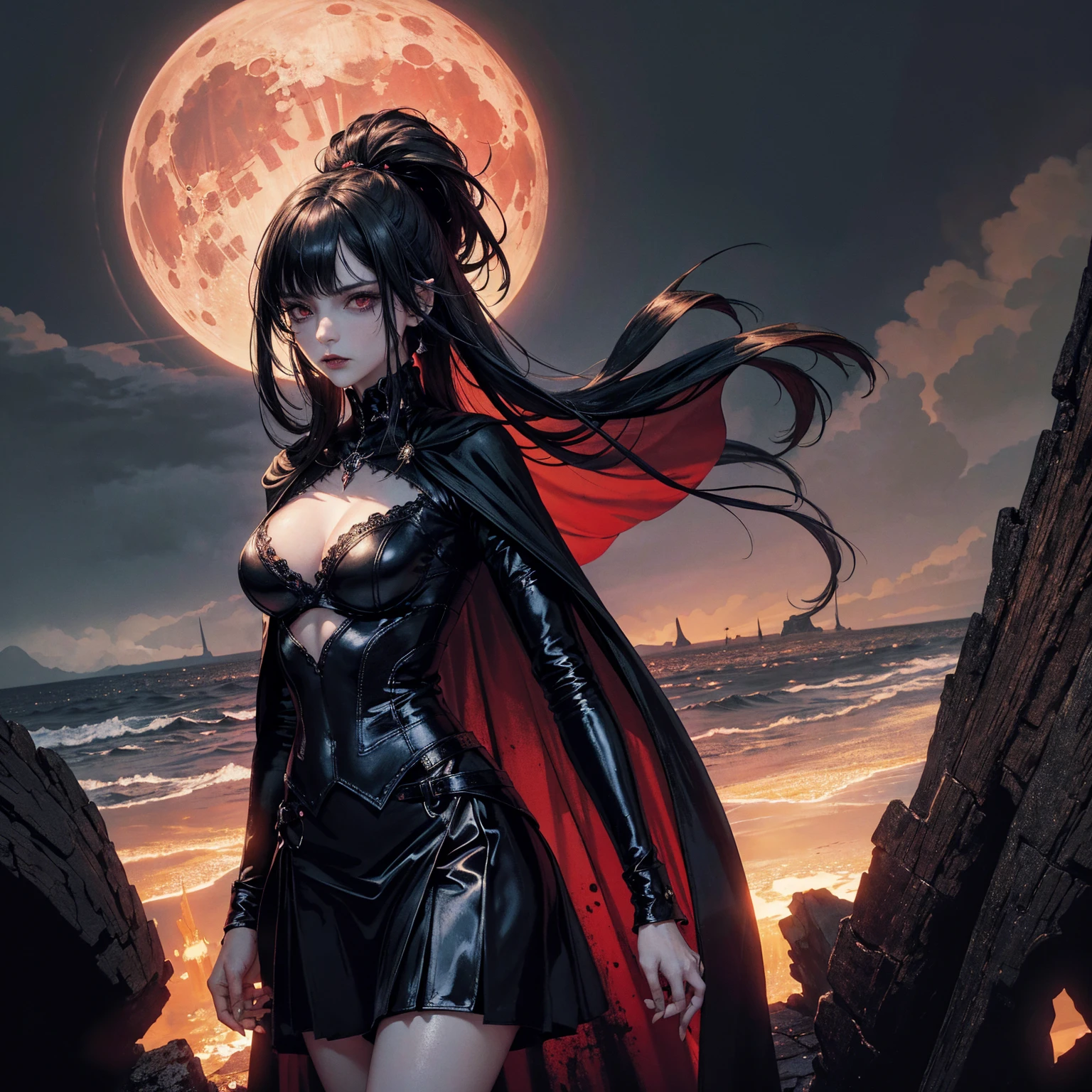 best quality, 4k, high resolution, masterpiece:1.2, Very detailed, actual:1.37, Mood lighting, Girl in a long cape, Wearing a reflective rubber latex skirt that shows a little skin above the chest, Dangerous sneer, Black Hair, Standing, Face facing the camera, Crucified, Pitch black sky, Blood-red moon, strange atmosphere, Gothic style, Unforgettable beauty, Dramatic shadows, Ethereal Light, Mysterious atmosphere.