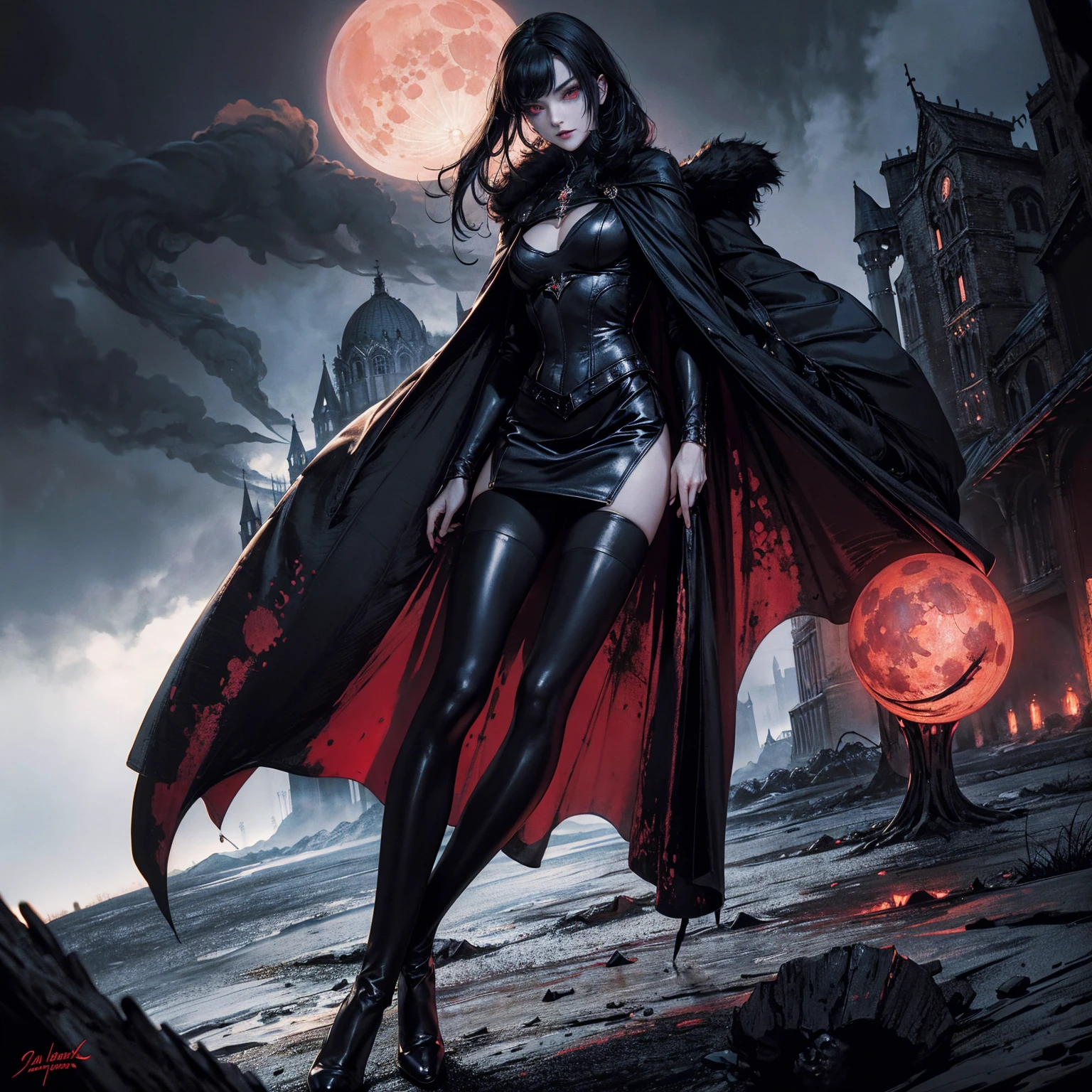 best quality, 4k, high resolution, masterpiece:1.2, Very detailed, actual:1.37, Mood lighting, Girl in a long cape, Wearing a reflective rubber latex skirt that shows a little skin above the chest, Dangerous sneer, Black Hair, Standing, Face facing the camera, Crucified, Pitch black sky, Blood-red moon, strange atmosphere, Gothic style, Unforgettable beauty, Dramatic shadows, Ethereal Light, Mysterious atmosphere.