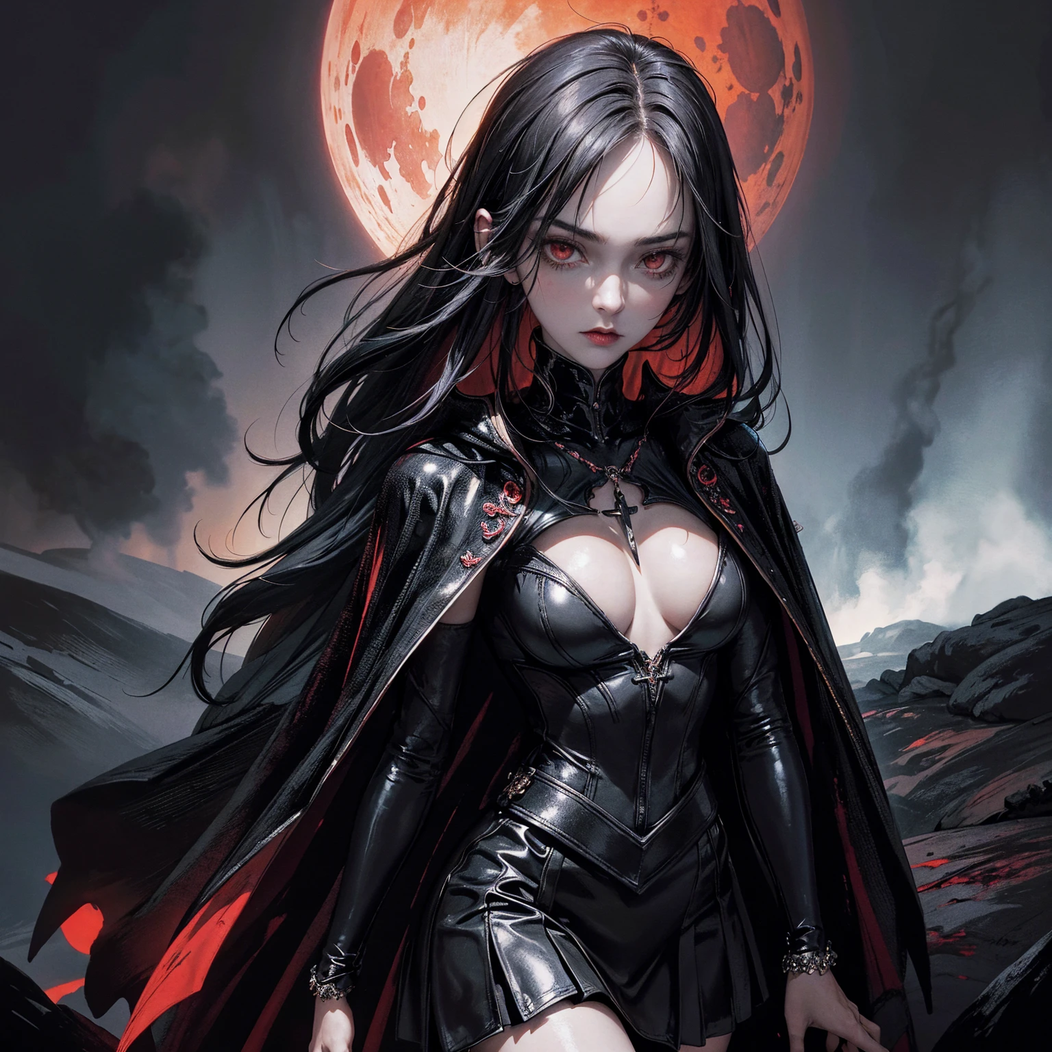 best quality, 4k, high resolution, masterpiece:1.2, Very detailed, actual:1.37, Mood lighting, Girl in a long cape, Wearing a reflective rubber latex skirt that shows a little skin above the chest, Dangerous sneer, Black Hair, Standing, Face facing the camera, Crucified, Pitch black sky, Blood-red moon, strange atmosphere, Gothic style, Unforgettable beauty, Dramatic shadows, Ethereal Light, Mysterious atmosphere.