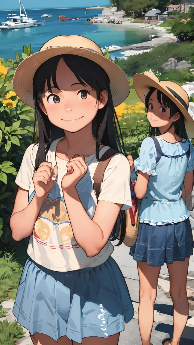 masterpiece, Highest quality, High resolution, Very detailed,(((Multiple Girls))), (((Three Girls)))、(((Straw hat。)))、(((smile)))、(((Waterfront)))、skirt, Shorts, Plants