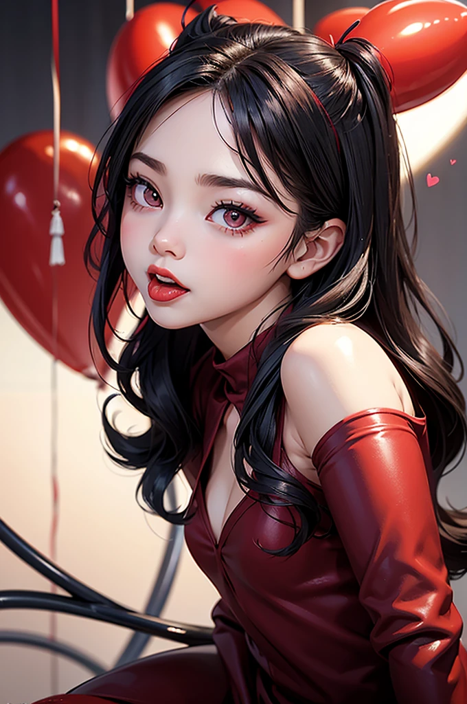 little devil, heart-shaped tail, Mature expression, Eyeliner, Sticking out tongue, shy, swing, little devil的可爱装扮, Red lipstick, Upturned eyes, Blurred background of many balloons