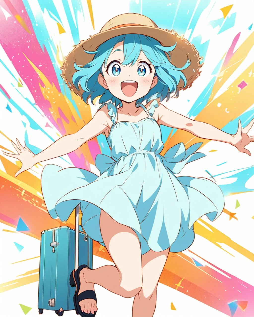 A cheerful girl in an anime style illustration is posing with a light blue sundress, a straw hat, and black high-heeled sandals. She holds a small blue suitcase and airline tickets, looking excited and happy. Her expression is joyful with wide eyes and a big smile. The background is a simple light blue color that complements her outfit, giving the illustration a bright and vibrant feel.