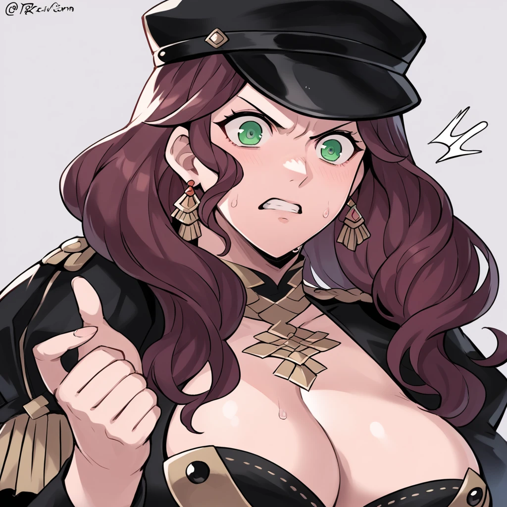 score_9, score_8_up, score_7_up, source_anime, Dorothea (Fire Emblem), bust shot, mldortgm, black headwear, (black uniform), brown hair, dangle earrings, gold trim, green eyes, jewelry, large breasts, cleavage, long hair, black peaked cap, black hat, looking at the viewer, angry facial expression, shocked eyes, sweat, fist on chest, looking down