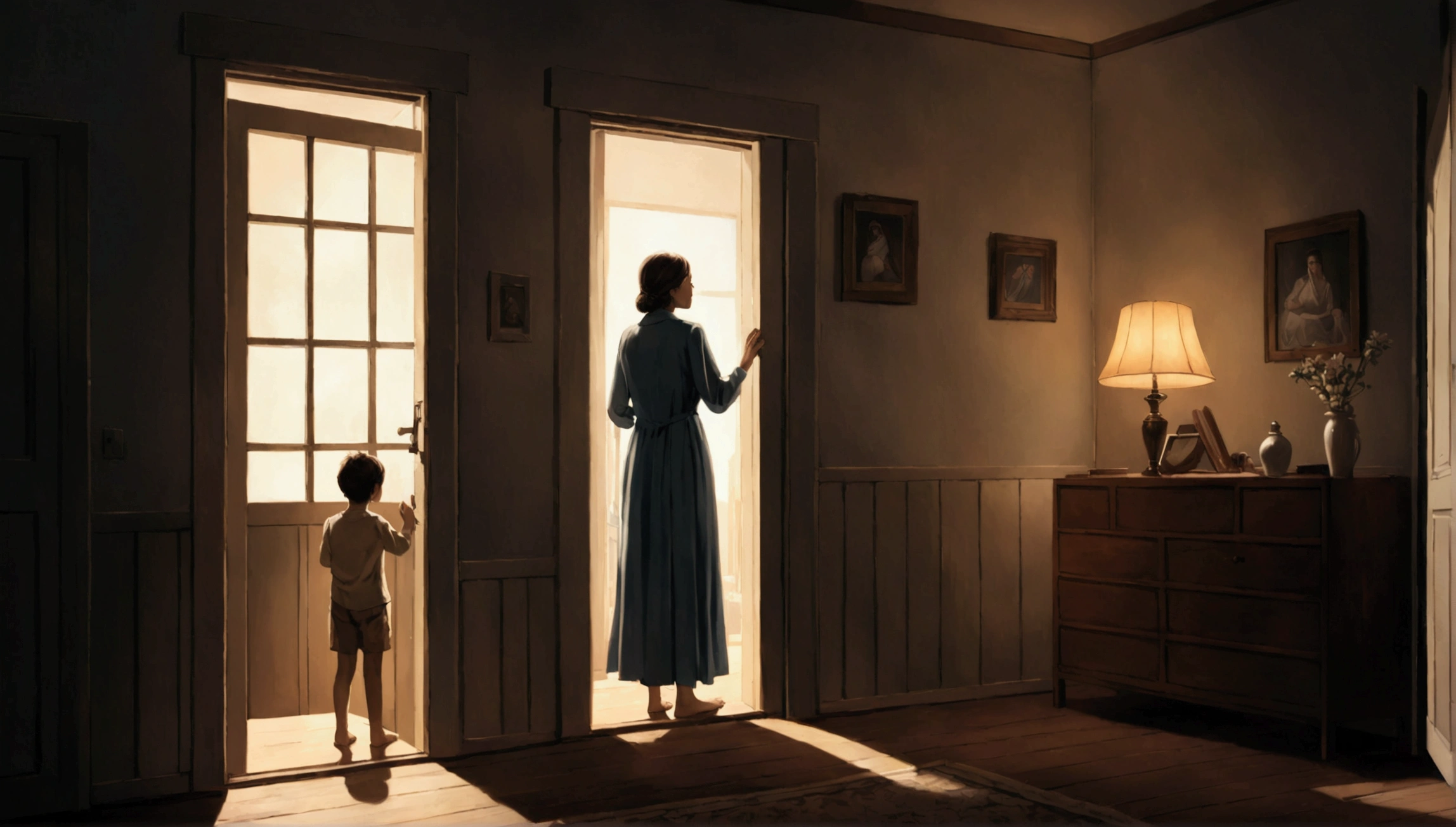 A room with an open door, and there is a inside, and the mother is watching him from the window