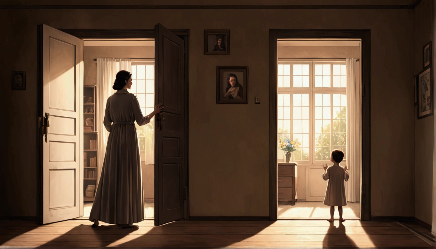 A room with an open door, and there is a inside, and the mother is watching him from the window