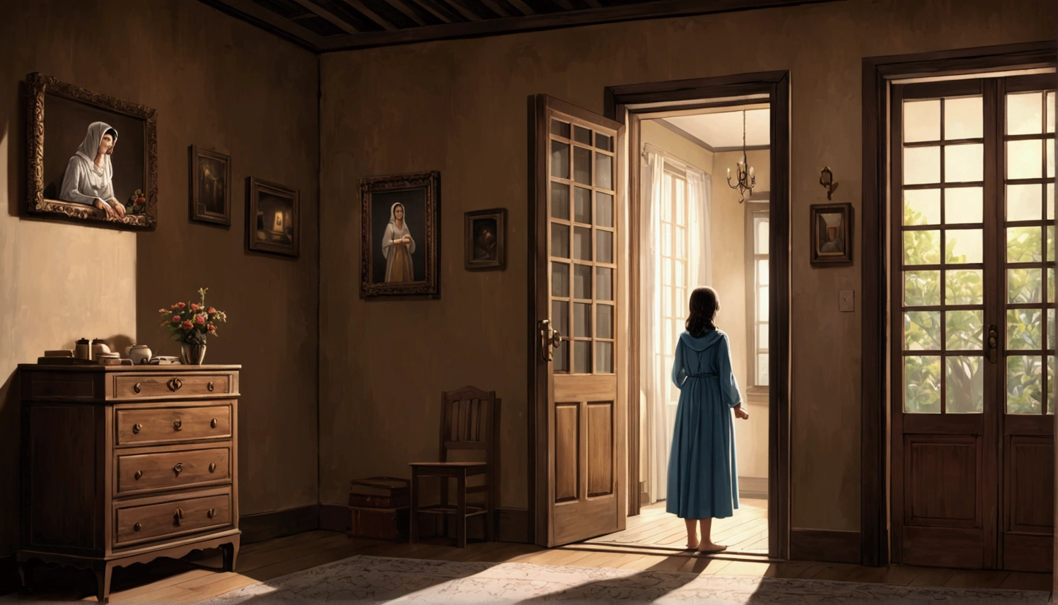 A room with an open door, and there is a  inside, and the mother is watching him from the window