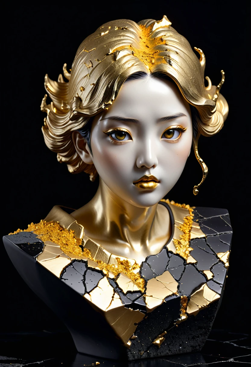 (horrified),Perfect eyes,((exhibit，Still Life Table，Artistic statues，3D Sculpture，ceramics，Surface cracks，Shattered Texture)), Show the beauty of nature.Kaneko，Gold Dust，portrait， This artwork is presented on a black background，Emphasize its artistic quality.