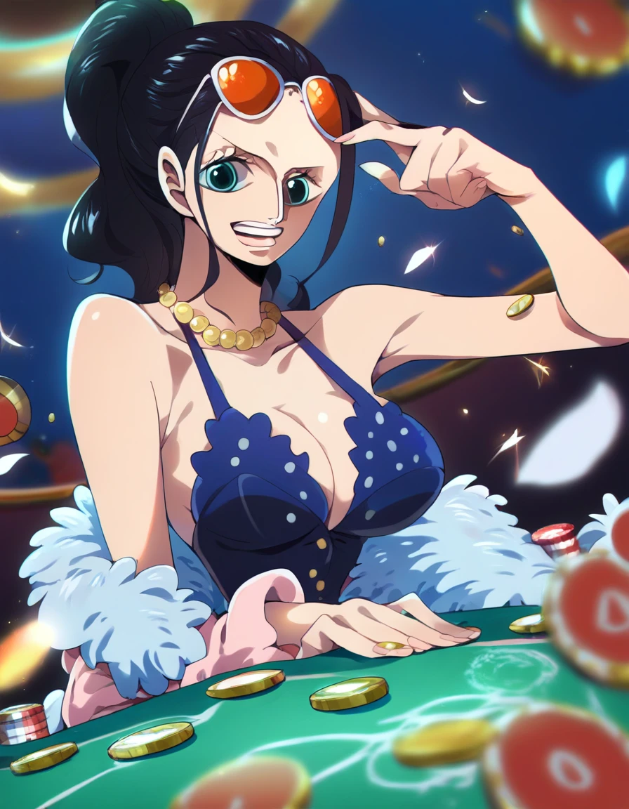 score_9, score_8_up, score_7_up, score_6_up, score_5_up, score_4_up, BREAK, source_anime, 1girl, nico robin wearing  a white short dress with a blue feather boa sitting at a poker table inside a casino, nicogold, necklace, sunglasses, black hair, ponytail,
looking at viewer, poker, gold coin, casino, indoors, casino background   