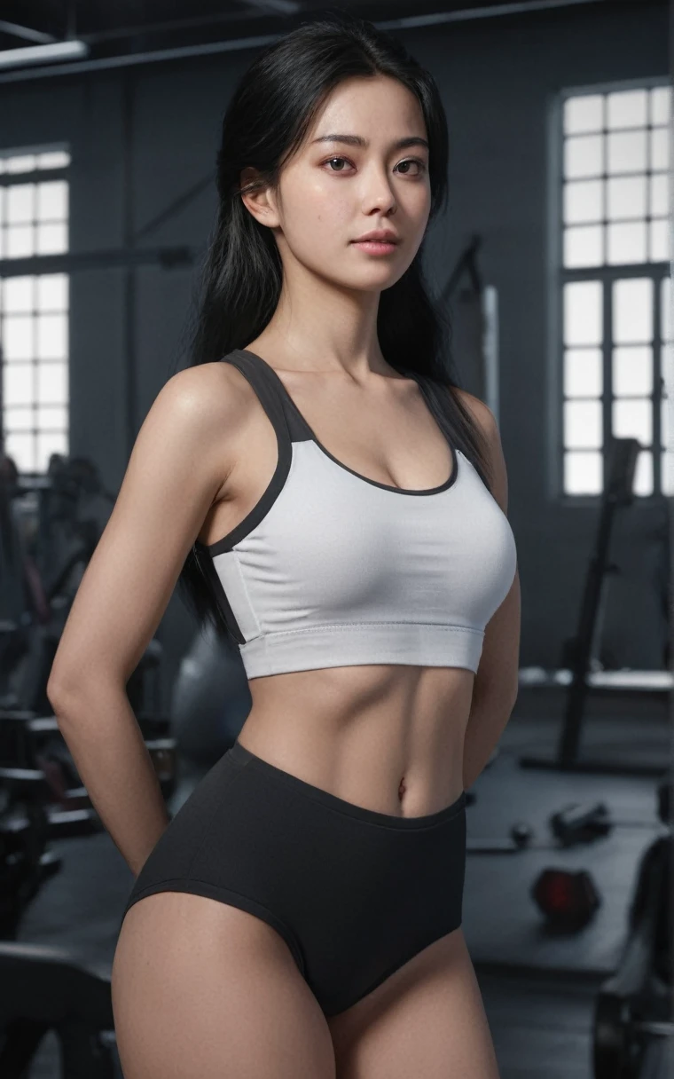 (8K、Raw photography、top-quality、​masterpiece:1.2)、(realisitic、photoRealstic:1.37)、((top-quality))、1 girl、(Details of face:1.2)、(top-quality:1.2)、(When to watch:1.2)、shinny skin、A slender、(A smile:1.5)(чрезвычайно подробные обои CG Unity 8k), (masterpiece 1,5), 4к HDR photorealistic, очень красива фигуристая милфа с огромным бюстом в халате на кухнеphotorealistic:1.4, masterpiece, best quality, solo, Detailed face:1.2, perfectly proportions, photos realistic, ,Photo of mature Instagram model, college girl, small build body, medium breasts, raw , long black hair, white gym outfit, blurry background, eye focus, cowboy shot, gym background, facing front, dramatic light, cinematic light, realistic, realism, hands behind back, невероятно красивая и сексуальная женщина