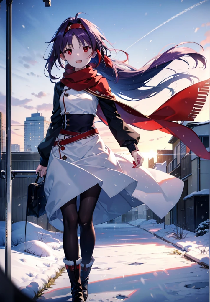 yuukikonno, Konno Yuuki, Long Hair, Pointed Ears, Purple Hair, (Red eyes:1.5), (Small breasts:1.2), Open your mouth,happy smile, smile, Open your mouth,hair band,low ponytail,Red Scarf,Purple long coat,Tokkuri Sweater,Long skirt,Black pantyhose,short boots,snowが降っている,snowが降り積もっている,snow,snow,snow,snow,winter,Cold night,Walking,whole bodyがイラストに入るように,Looking down from above,
break looking at viewer, whole body,
break outdoors, In town,
break (masterpiece:1.2), Highest quality, High resolution, unity 8k wallpaper, (figure:0.8), (Beautiful attention to detail:1.6), Highly detailed face, Perfect lighting, Highly detailed CG, (Perfect hands, Perfect Anatomy),