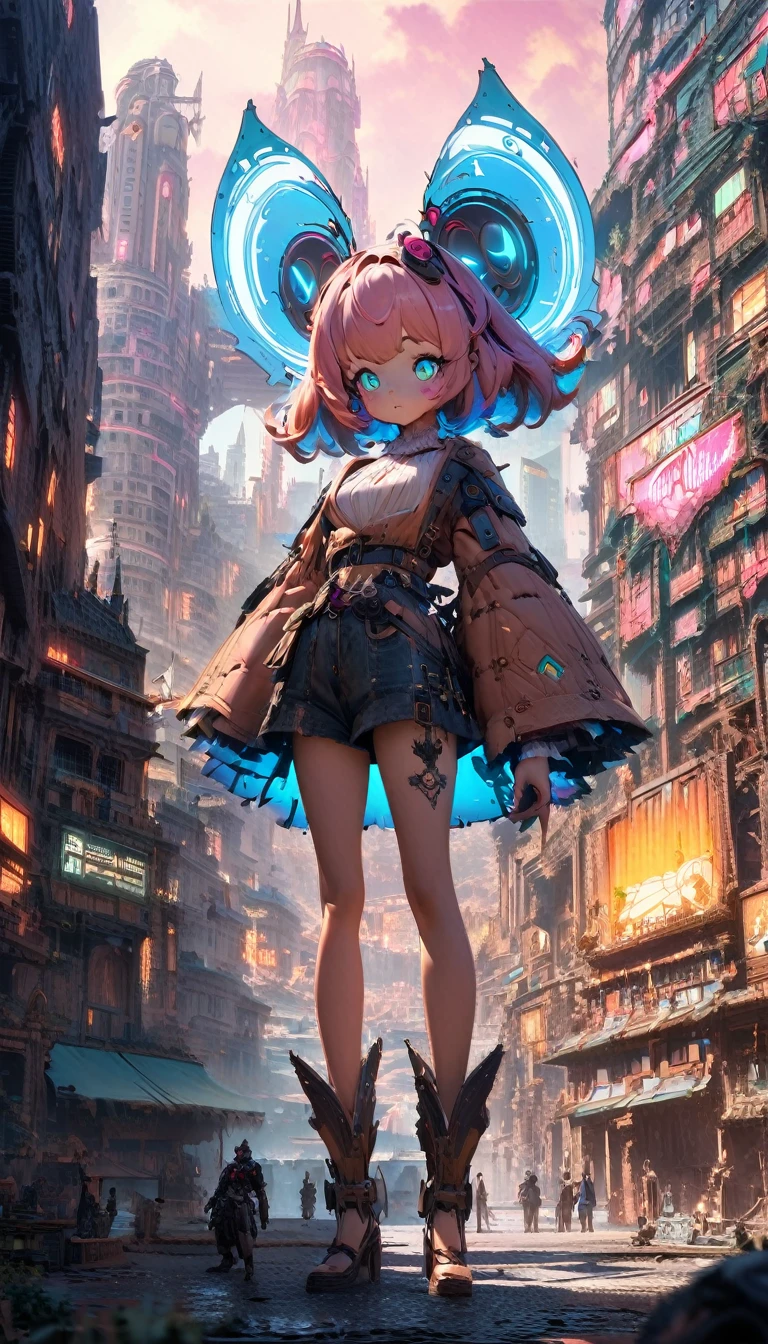 giant Cute Girl hybrid, attractive and captivating, wearing chiton, bigger than buildings, small background buildings, small drawn cyberpunk dieselpunk steampunk clockpunk city background, concept art, fantasy art, conceptual installation art, 2.5D, delicate and dynamic, magic of vibrant colors and contrasts