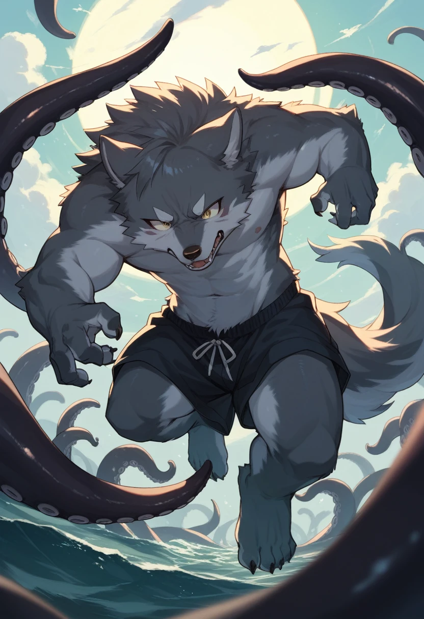Wolf, red eyes, puss in boots, death, deathwolf, canine penis, muscular build, black cloak, under water photograph, swimming goggles, mode, neon lights, cinematic, vibrant, dominant expression