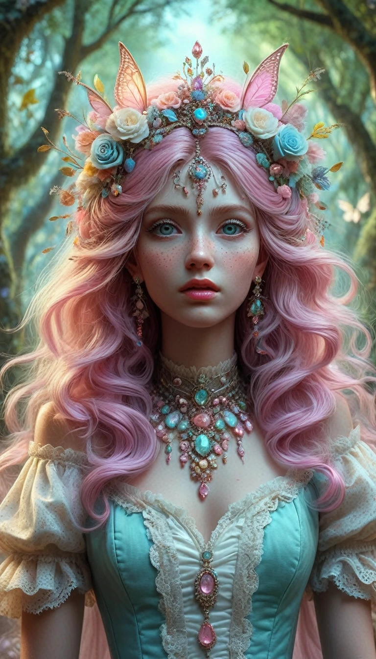 shabby chic dreamy glowums pastel woodland freckled fairygirl swirling magical fairytale abstract artstation (in the style of Jessica Drossin), realistic, subsurface scattering, ultra hd, 4k, high def, Photorealistic, Hyperrealistic, Hyper detailed, analog style, realistic, masterpiece, best quality, ultra realistic, 8k, Intricate, High Detail, film photography, soft lighting,  heavy shadow