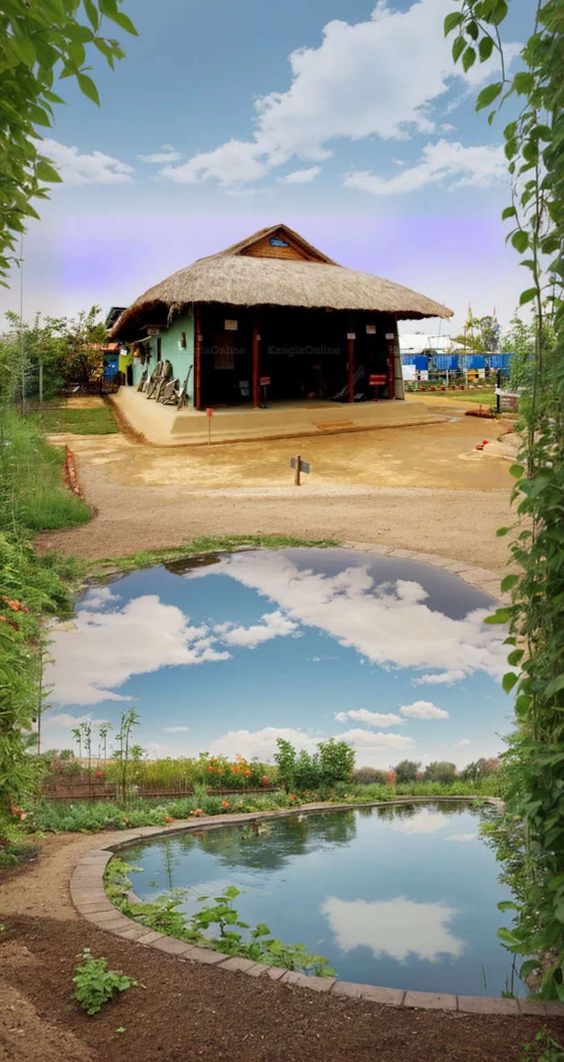 Vegetable garden, pond, beautiful sky, cloudy season