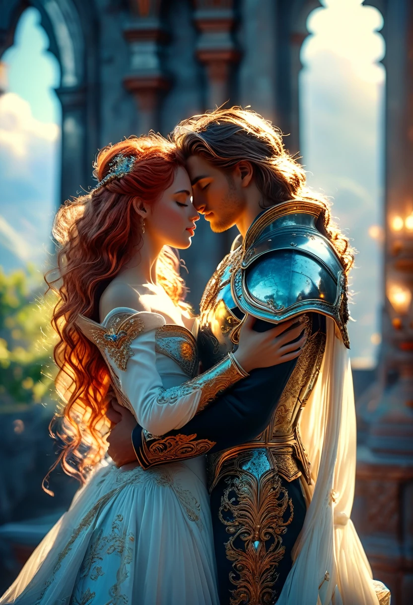 Romance in a heavenly landscape, (((Caucasian skin))) loving couple in their 20s, a (blonde-haired imperial duke) The love is (((uma grávida de Caucasian skin:1.2 (Red-Haired)) celestial warrior), romantic way, 8k, extremely detaild, high qualiy, (photorrealistic:1.37), ideal proportions and defined complexion, meticulously crafted resources, inaccessible beauty, Perfection, Breathtaking elegance, curvas g, goddess-like figures, divine symmetry, artistic work of arts, vivid realism, hyper-detailed sculptures, life-like forms, truly inspiring, impeccable craftsmanship, pure shine, ethereal beauty, Delicate contours, striking poses, sublime beauty, subtle nuances, dynamic compositions, swirly vibrant colors, perfect lighting, poignant expressions, heavenly aura, majestic presence, dream-like atmosphere, unrivaled gdetailed octane rendering trend in artstation, 8k art photography, photorrealistic concept art, rewarded photography, work of art, perfect composition, beautiful detailed intricate insanely
