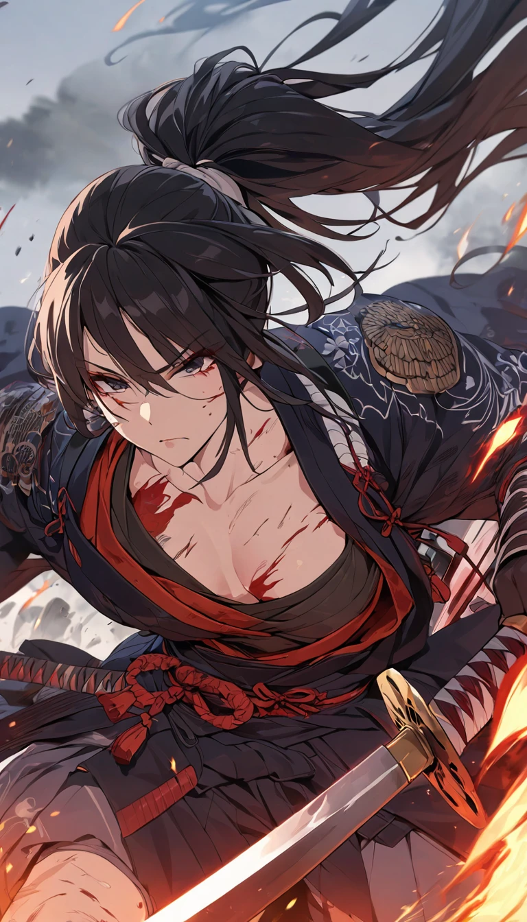 black hair, ponytail, sanpaku, serious, anime style, blending, anatomically correct, super detail, best quality, high details, masterpiece, high quality, accurate, Samurai, Ronin, Kimono, Sword-wielding, Running through the battlefield, Flameout, Covered in blood and covered in wounds