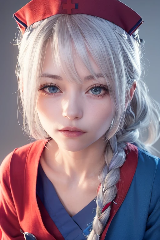 RAW Photos, ((((Extreme beauty portrait))), touhou series, 1 Female, View your viewers, beautiful, anime, roller,1 Female, Silver Hair, Braid, Nurse cap, Red and blue clothes, Long skirt, (Nearby crystal balls),