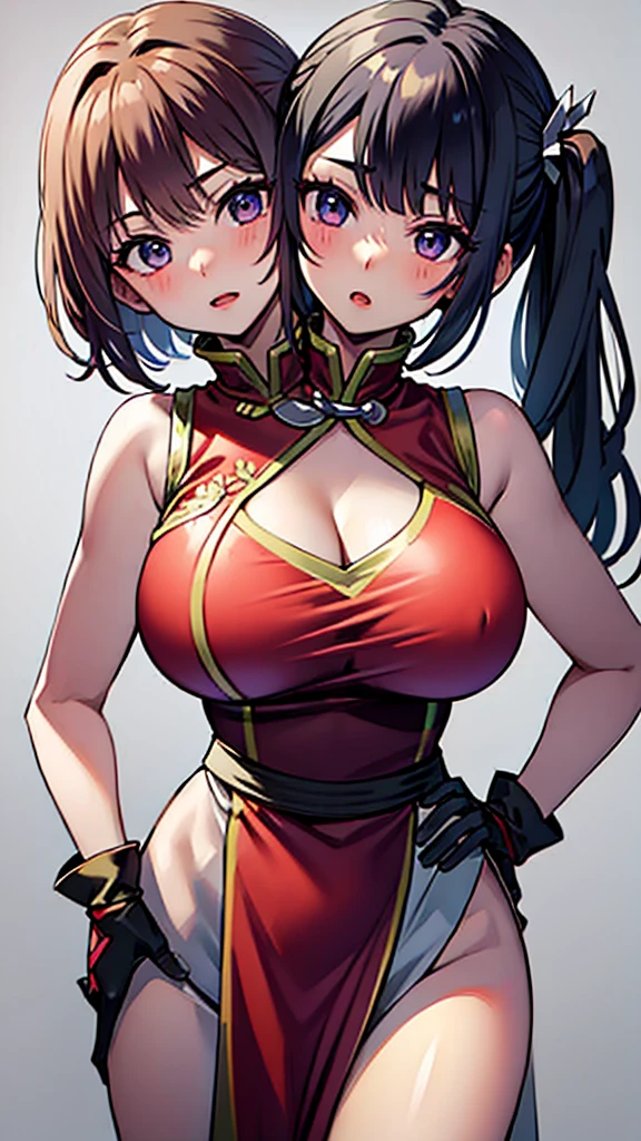 (masterpiece, best quality), best resolution, 16k, BREAK close-up, BREAK, (2heads:1.5), (cheek-to-cheek), 1girl, solo, BREAK athenams, violet hair, hairband, chinese clothes, dress, gloves, hair ornament ,bare shoulders, BREAK maims, large breasts, pelvis curtain, japanese clothes, revealing clothes, cleavage, rope, sash, BREAK ((eyes up looking sideways:1.3)), BREAK scared, frustrating, BREAK simple background