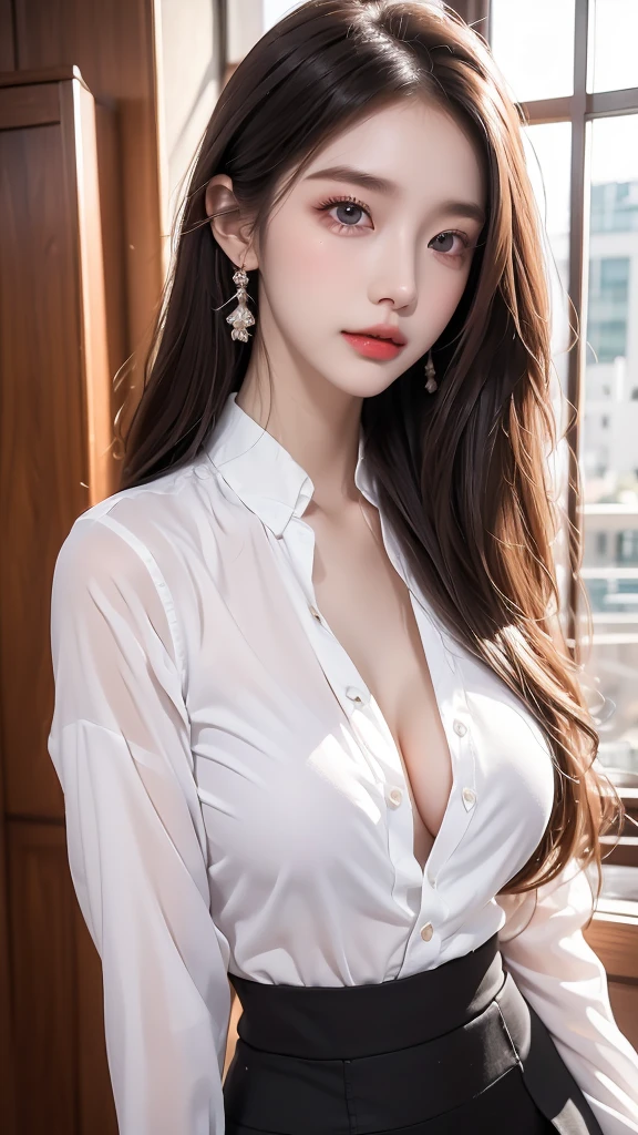 ((Top Best quality, 8k, Masterpiece :1.3)), Sharp focus :1.3, A 18 years old with perfect figure :1.3, Slender abs :1.3, korean , ((K-Pop idols)), 、((fullbody)), high resolution, ((detailed office uniform)), ((detailed white shirt)), ((detailed pantyhose)) ((detailed short skirt)), ((detailed super beautiful face)), ((detailed eyes)), ((The large master garden )), , fair white skin、shiny white skin、(wavy blonde hair)、(()), (the large garden central luxury), Top image quality、ultra-high-resolution、18-year-old Korean、beauty breasts, fair white skin、shiny white skin、bright silver long hair、light white long hair、、Beautiful eyes with random colors、Very thin lipeautiful eyes finely detailed、elongated eyes、pale pink blush、long eyelash、Beautiful double eyelids、eyeshadows、neckless、耳Nipple Ring、 dark brown hair、dark brown hair、Beautiful eyes with random colors、very thin lips, finely detail、elongated eyes、pale pink blush、long eyeslashes、Smilling, Beautiful double eyelid、Lighting that emphasizes beautiful skin、Lustrous skin 2, ((Layered long hair, Beautiful breasts)) , Highly detailed face and skin texture, Detailed eyes, Double eyelid, night city view to window ,