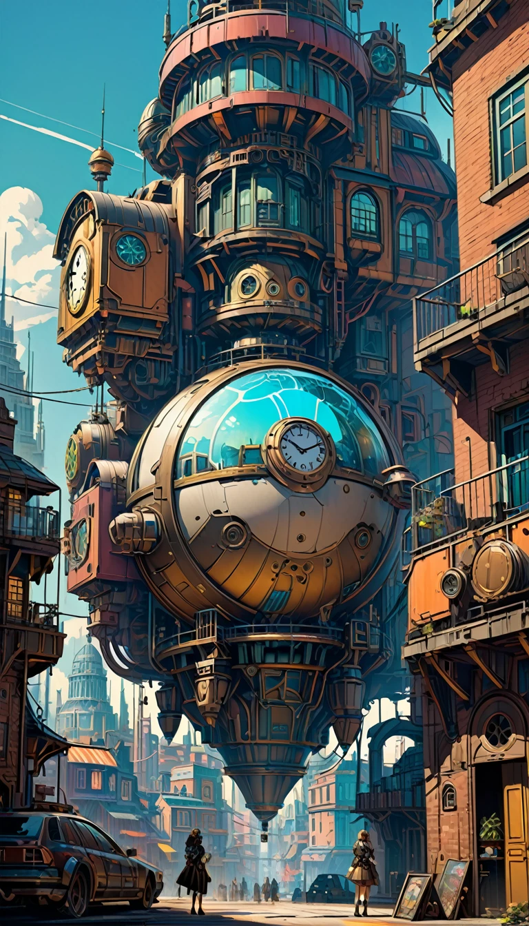 giant Cute Girl hybrid, attractive and captivating, wearing chiton, bigger than buildings, small background buildings, small drawn cyberpunk dieselpunk steampunk clockpunk city background, concept art, fantasy art, conceptual installation art, 2.5D, delicate and dynamic, magic of vibrant colors and contrasts
