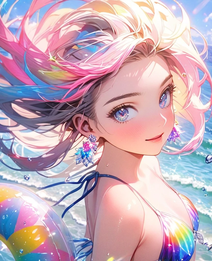 8K,gal,an extremely delicate and beautiful,Beautiful and realistic skin,Shiny jewel-like earrings,Shine like glitter long colorful hair,beautiful eyes,bikini,float ring,beautiful sea