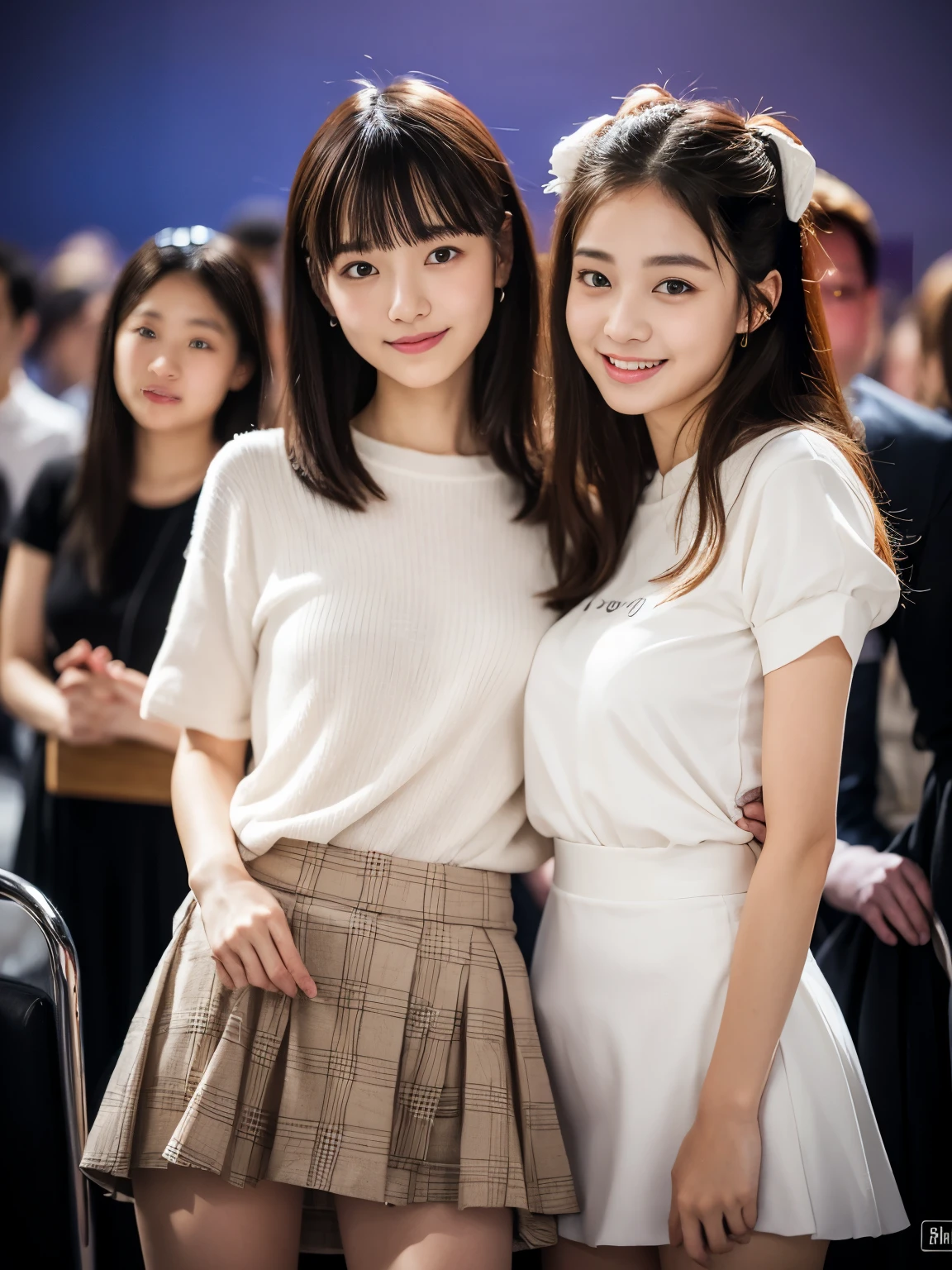 Highly detailed CG Unity 8k wallpaper、Highest quality、Ultra-detailed、masterpiece、Realistic、Photo realistic、Two cute girls drawn with great detail、20-year-old、(Skirt rip)、(Roll up the skirt yourself))、White panties、Panty Focus、blush、Lips parted、Looking at the audience、Semi Body Shot、Wearing a ruffled shirt、A large number of people、Crowded city、